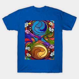 Abstract Flowery Stained Glass Yin Yang T-Shirt